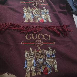 Gucci Maroon Scarf with Cat Embroidery